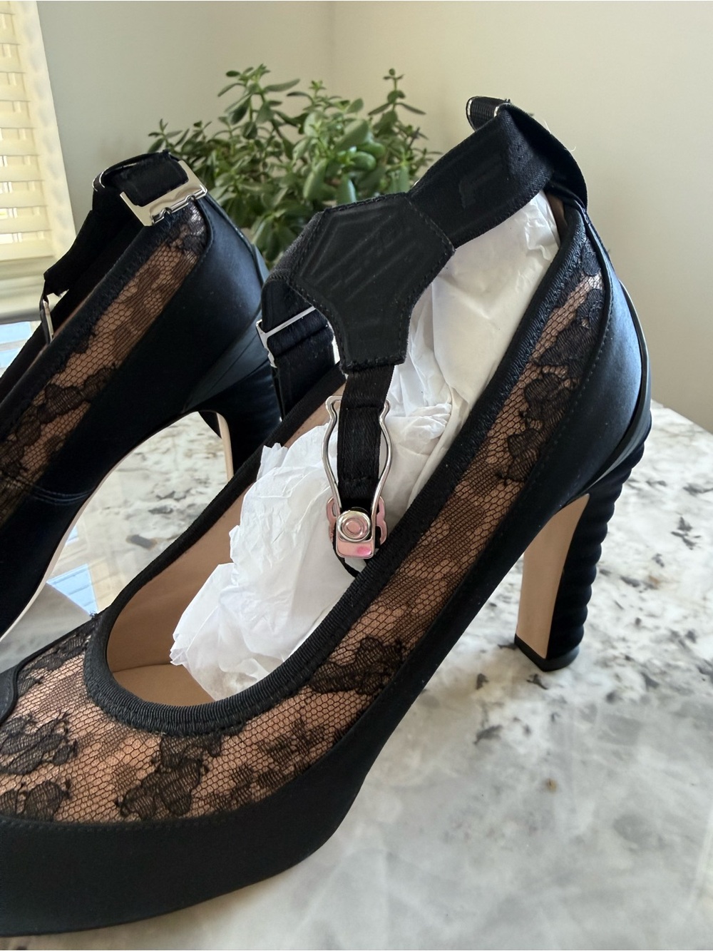 Fendi Black Lace Garter Belt Ankle-Strap Mary Jane Heels